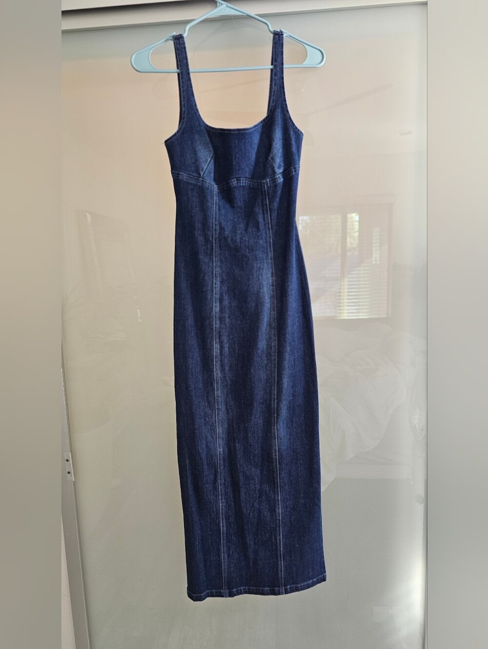 Square Neckline Dark Blue Denim Maxi Dress